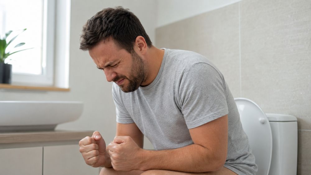 Muškarac na WC šolji napreže se tokom obavljanja velike nužde.