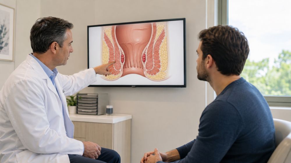 Doktor pacijentu pokazuje medicinski prikaz rektalnog trakta i problema sa hemoroidima.