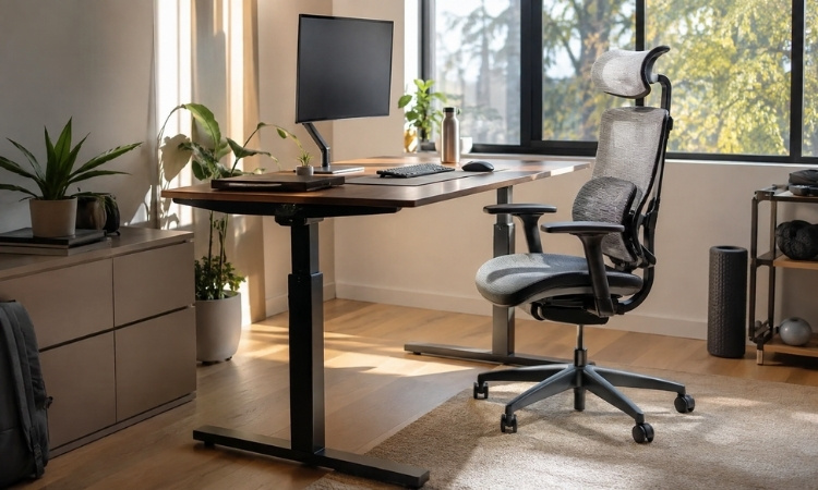 Ergonomsko kućno radno mesto sa podesivim stolom, monitorom i stolicom sa podrškom za leđa.