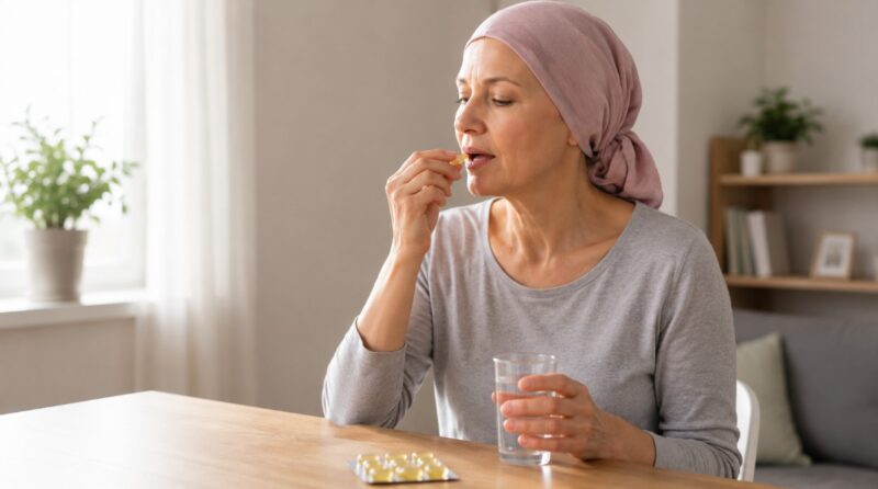Žena sa maramom uzima malu žutu kapsulu uz čašu vode tokom perioda terapije