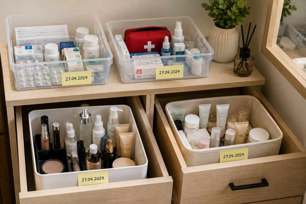 Lekovi i kozmetika uredno raspoređeni u odvojene kutije i fioke za lakšu organizaciju.